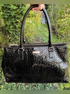 Kate Spade Black Ostrich-Embossed Leather Tote Bag Black w Gold Hardware NWOT